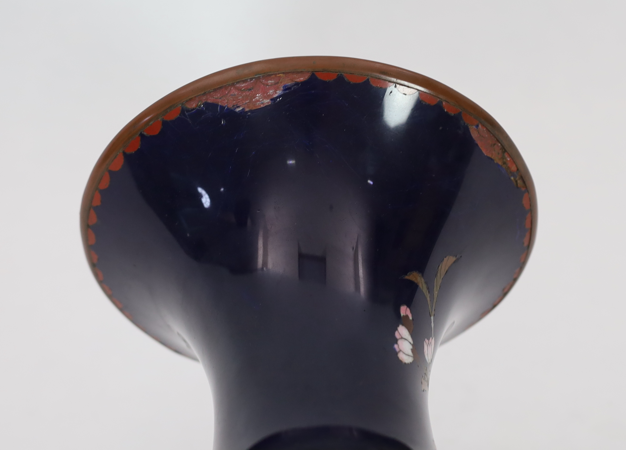 A massive Japanese midnight blue ground cloisonné enamel vase, Meiji period, slight damage